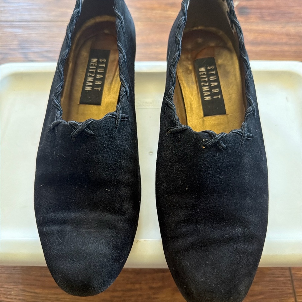 Stuart Weitzman Black Suede Flats Whipstitch Slip On Size 7